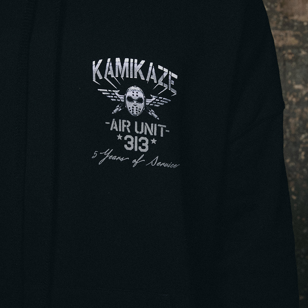 Chest print detail reading Kamikaze Air Unit 313 on the black Eminem Flag hoodie