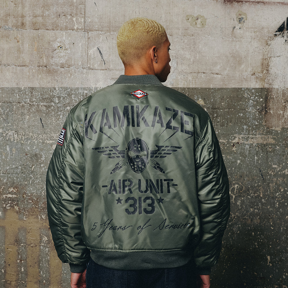 Back of the green Eminem Kamikaze Pilot bomber jacket with Kamikaze Air Unit 313 print