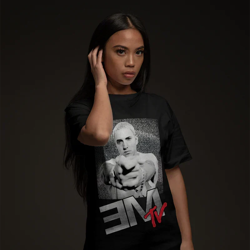 Woman wearing the black Eminem EM TV Photo Logo T-shirt with halftone portrait print