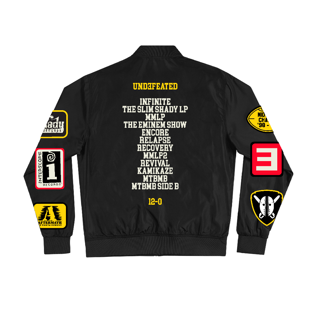 Back of the black Eminem Shady Football bomber jacket with Undefeated 12-0 album list