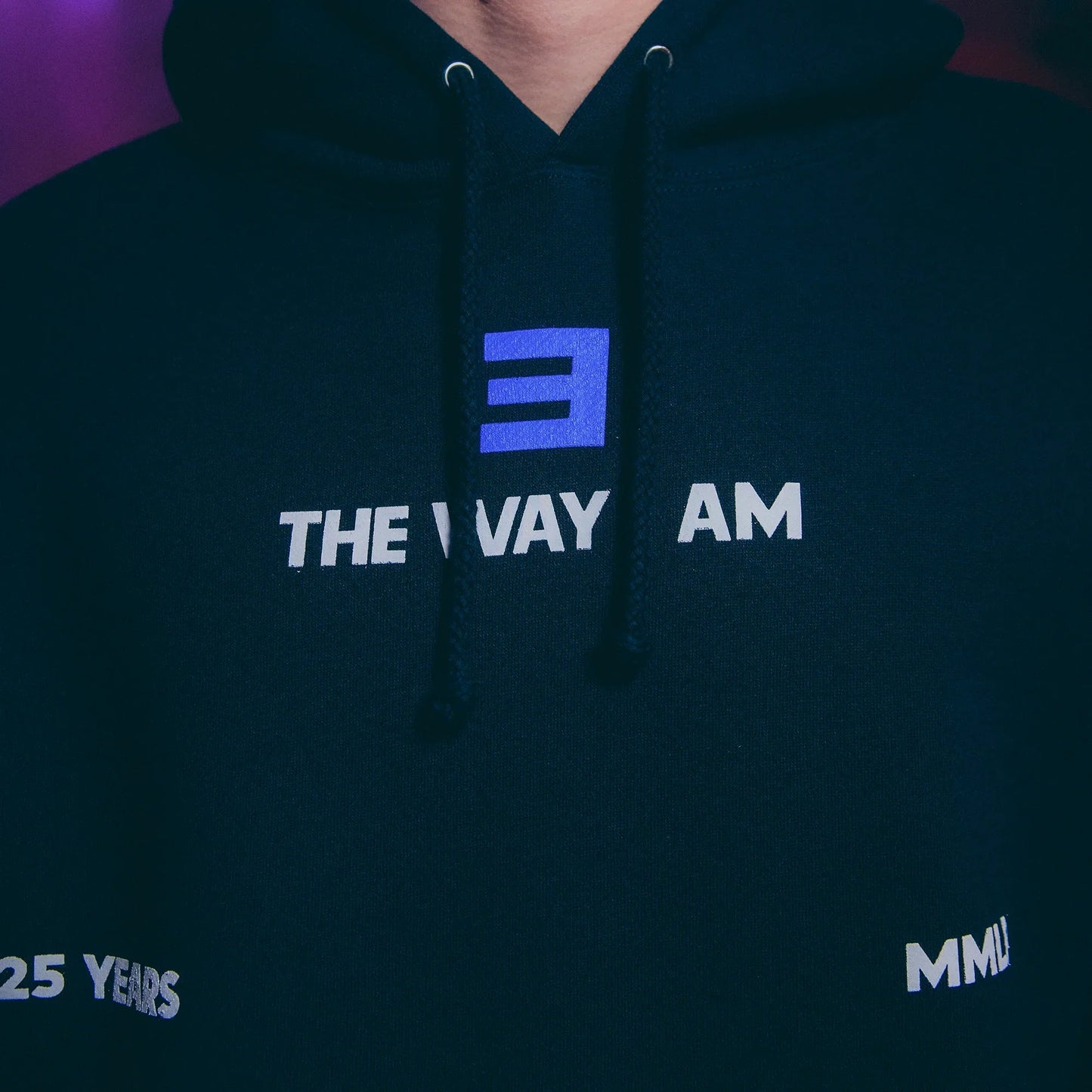 Chest print detail: blue E logo above The Way I Am on the black Eminem MMLP25 hoodie