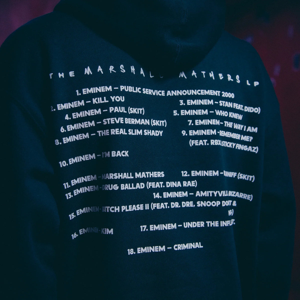 Back print of the Eminem MMLP25 hoodie listing The Marshall Mathers LP track names