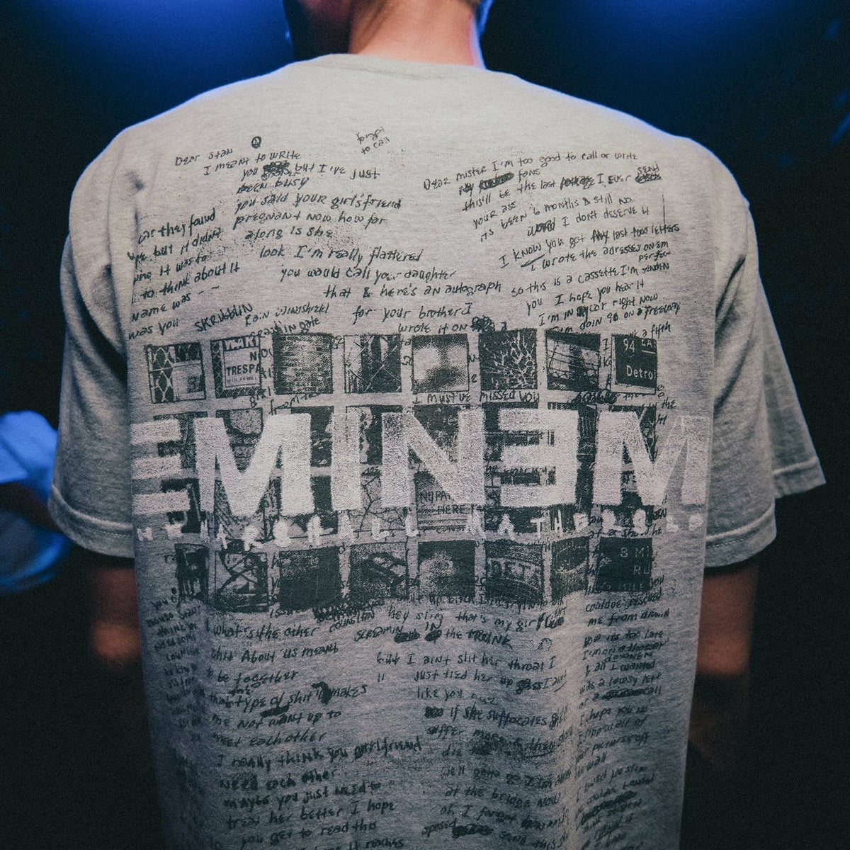 Back of the grey Eminem MMLP25 Scribble T-shirt with handwritten lyric sheet print