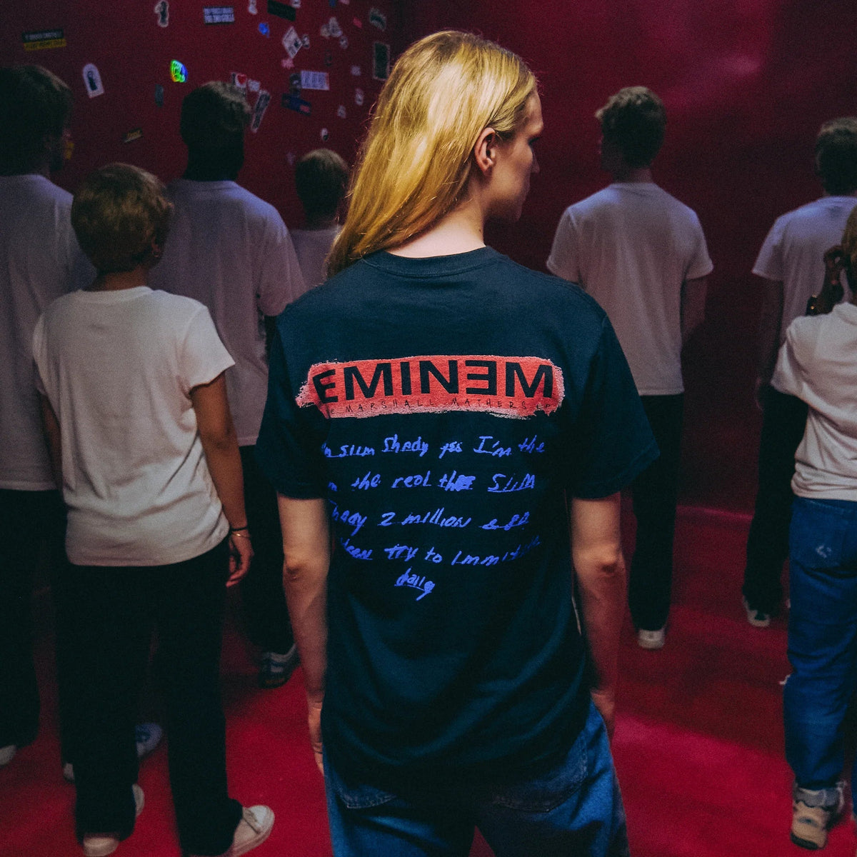 Back of the black Eminem MMLP25 Window T-shirt with blue handwritten lyric print