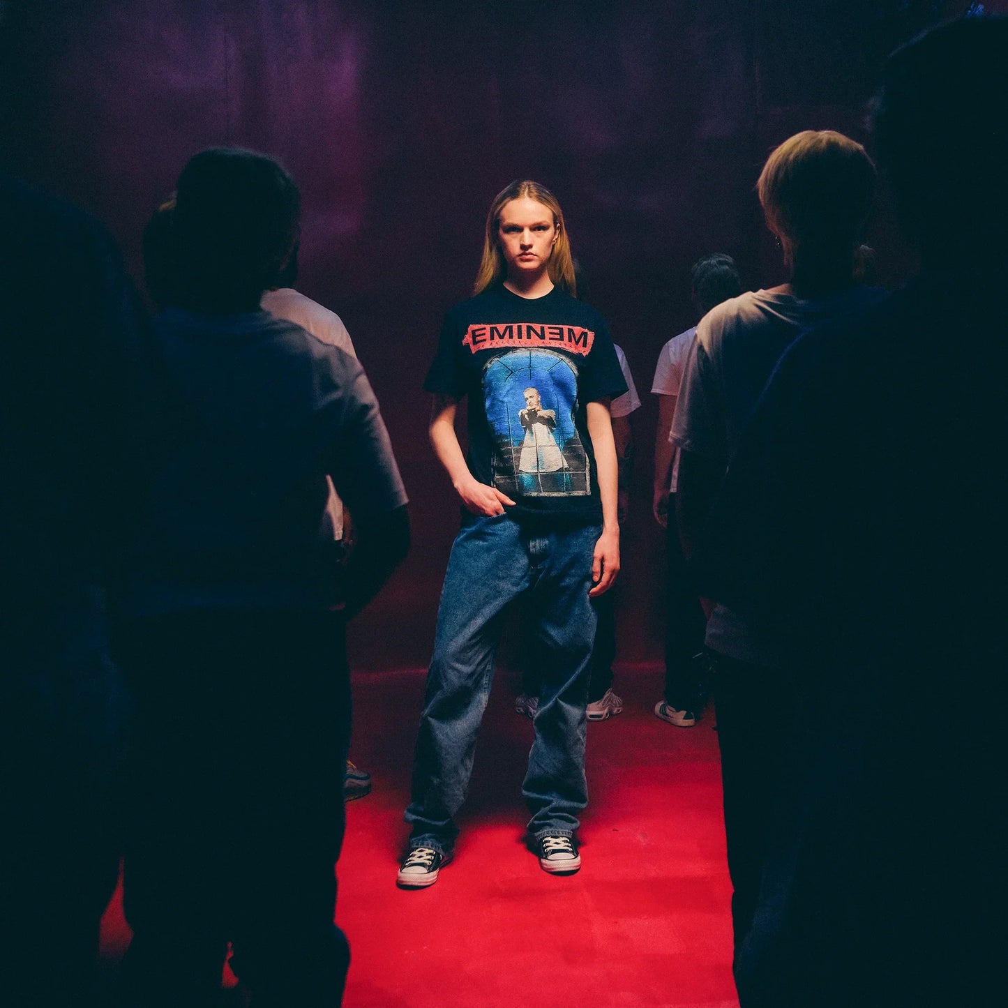 Full-length view of the black Eminem MMLP25 Window T-shirt with arched window graphic
