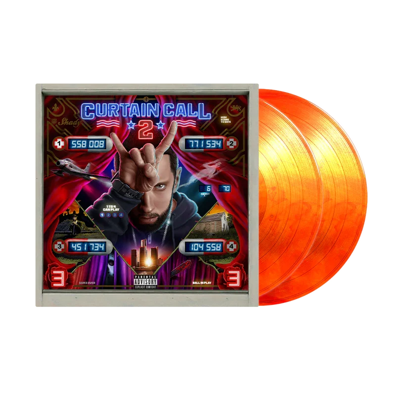 Eminem Curtain Call 2 orange vinyl LP with album sleeve artwork and marbled orange records