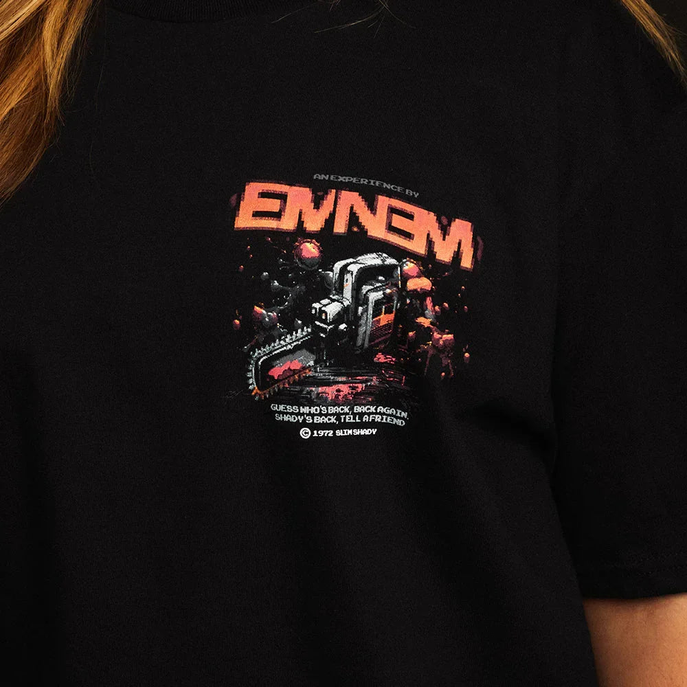 Close-up of the Eminem Shady Gaming Chainsaw back print with arcade-style artwork