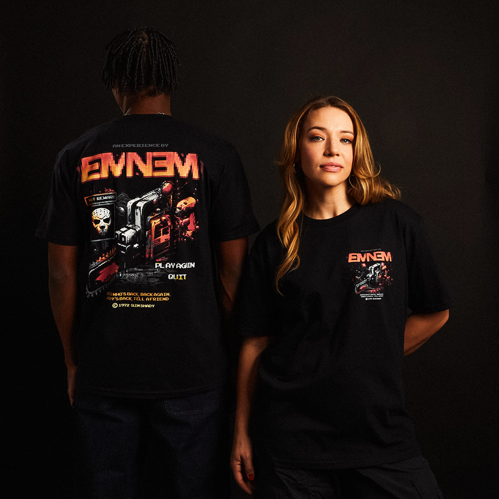 Two models in black Eminem Shady Gaming Chainsaw T-shirts, front and back prints