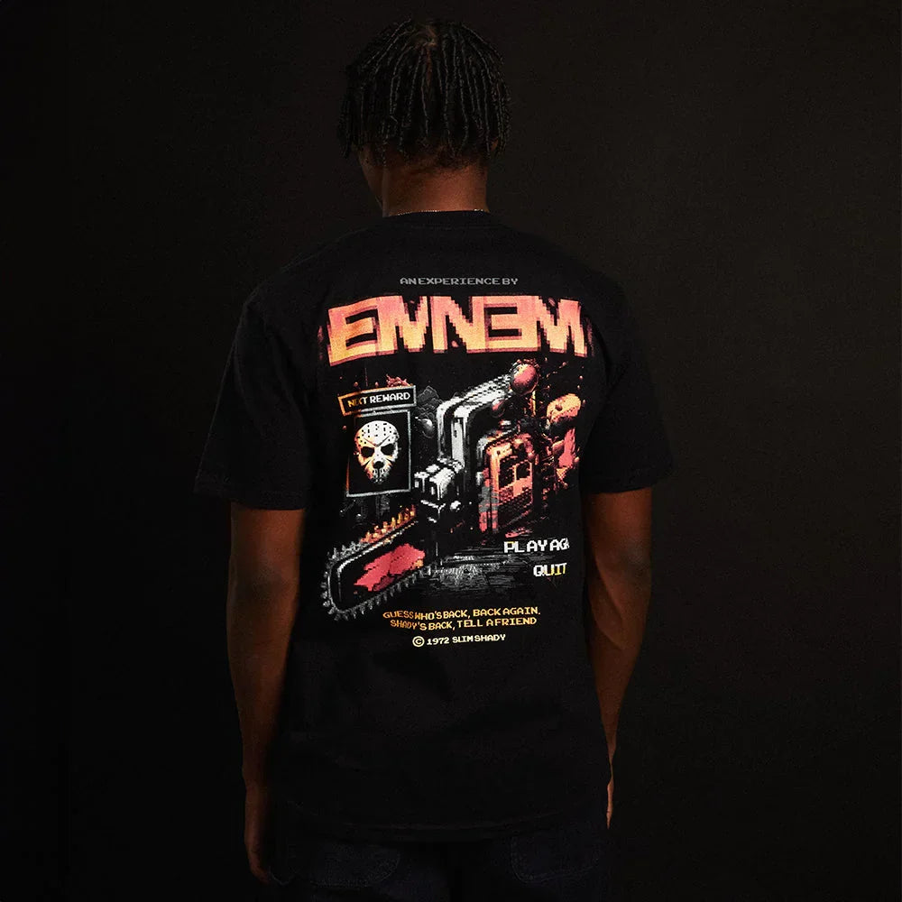 Back of the black Eminem Shady Gaming Chainsaw T-shirt with orange Eminem logo