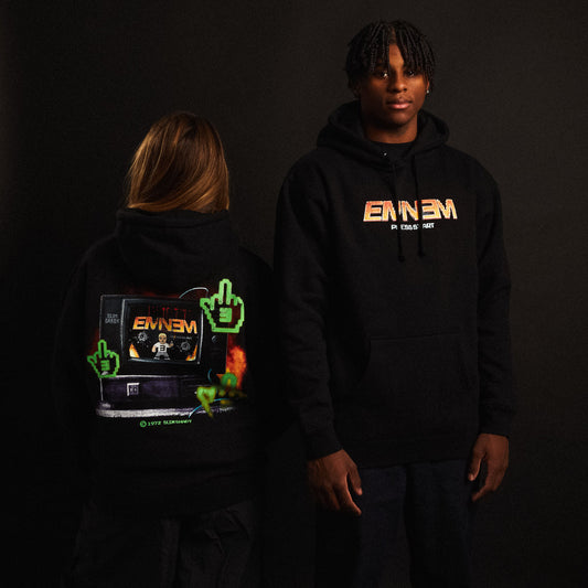 Two models in black Eminem Shady Gaming TV hoodies with green and orange graphics