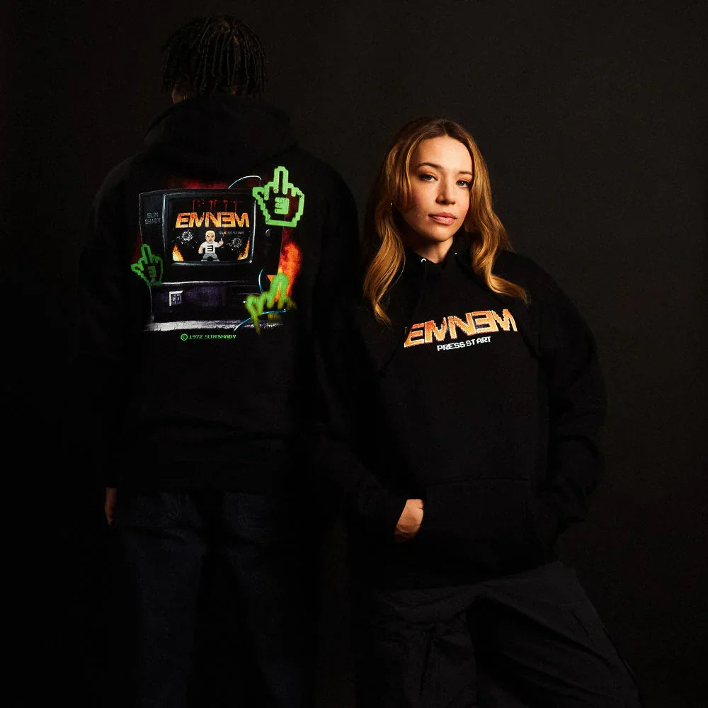 Models wearing the black Eminem Shady Gaming TV hoodie, back TV screen graphic visible