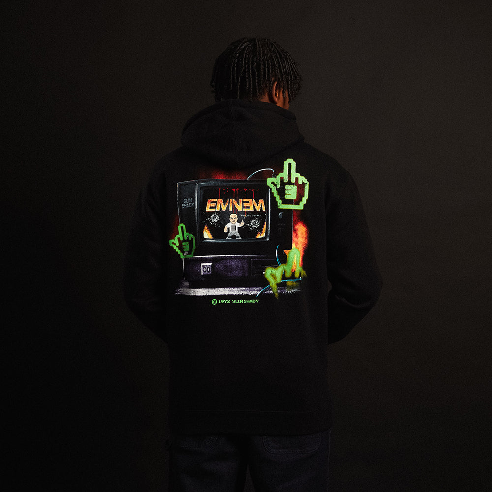 Back of the black Eminem Shady Gaming TV hoodie with retro TV and green cursor graphic