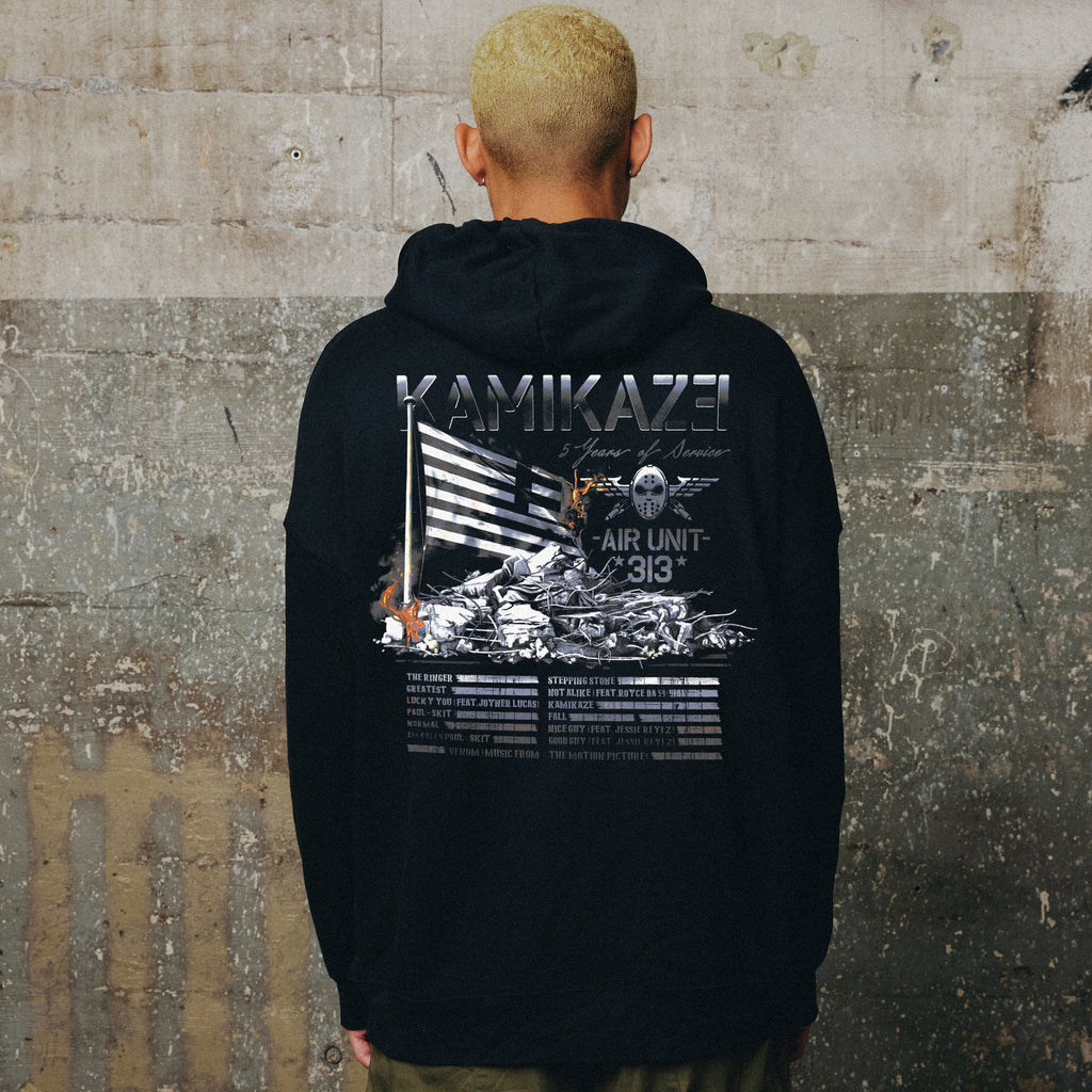 Back of the black Eminem Kamikaze Flag hoodie with fighter plane artwork and Kamikaze text