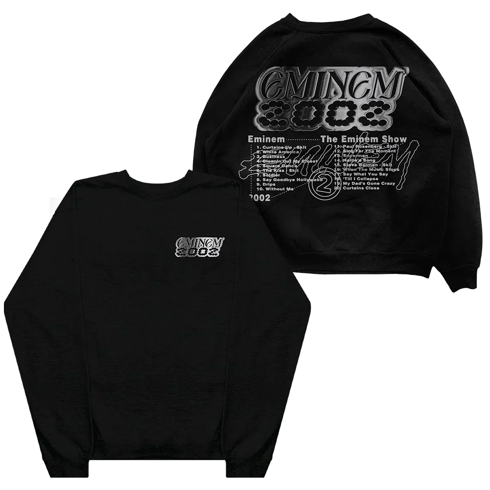 Black Eminem Show Chrome Logo crewneck front and back flat lay with chrome type