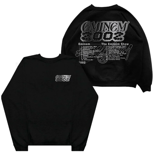Black Eminem Show Chrome Logo crewneck front and back flat lay with chrome type