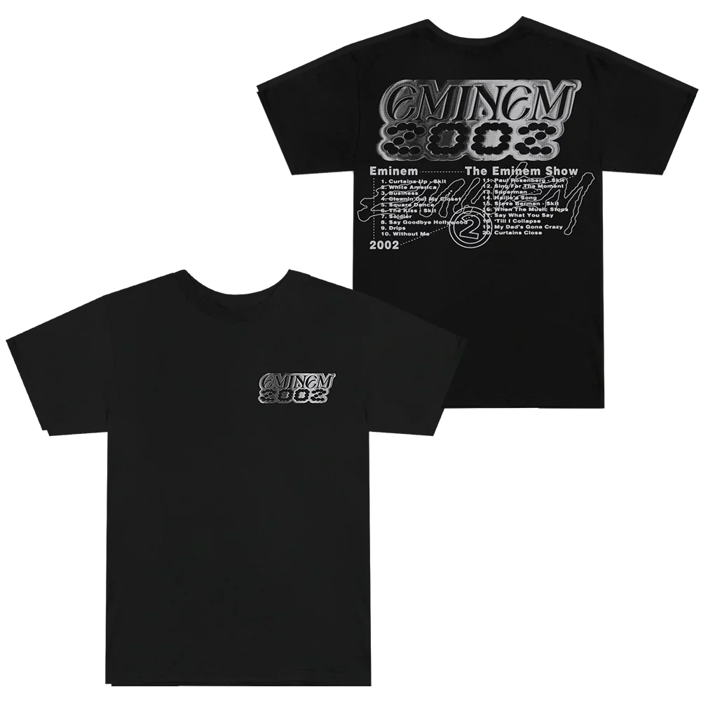 Black Eminem Show Chrome Logo T-shirt front and back flat lay with chrome graphics