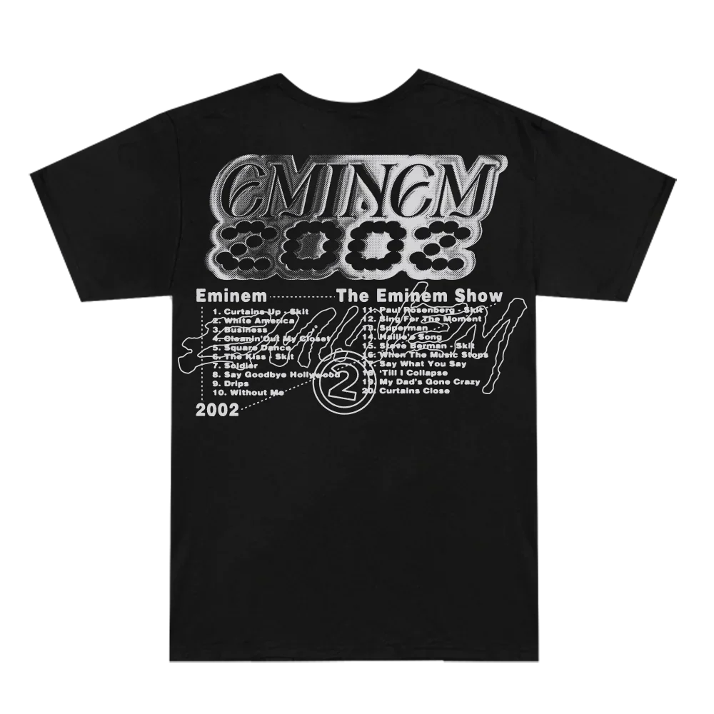 Back of the black Eminem Show Chrome Logo T-shirt with Eminem 2002 and track list