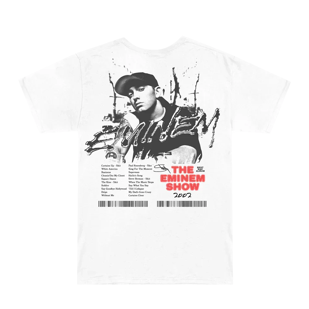 Back of the white Eminem Show T-shirt with graffiti Eminem logo and track list