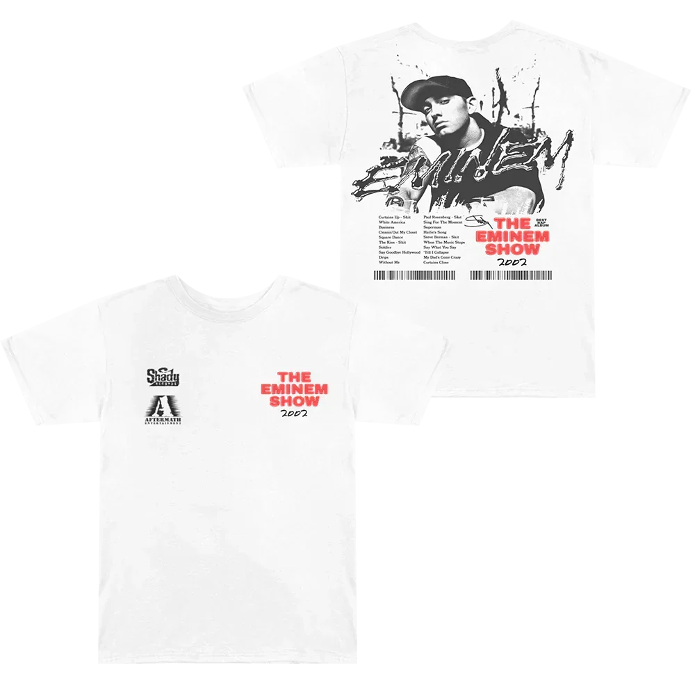White Eminem Show T-shirt front and back flat lay with red type and photo collage