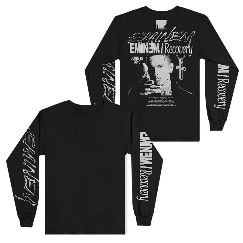 Black Eminem Recovery long sleeve front and back flat lay with portrait and sleeve prints