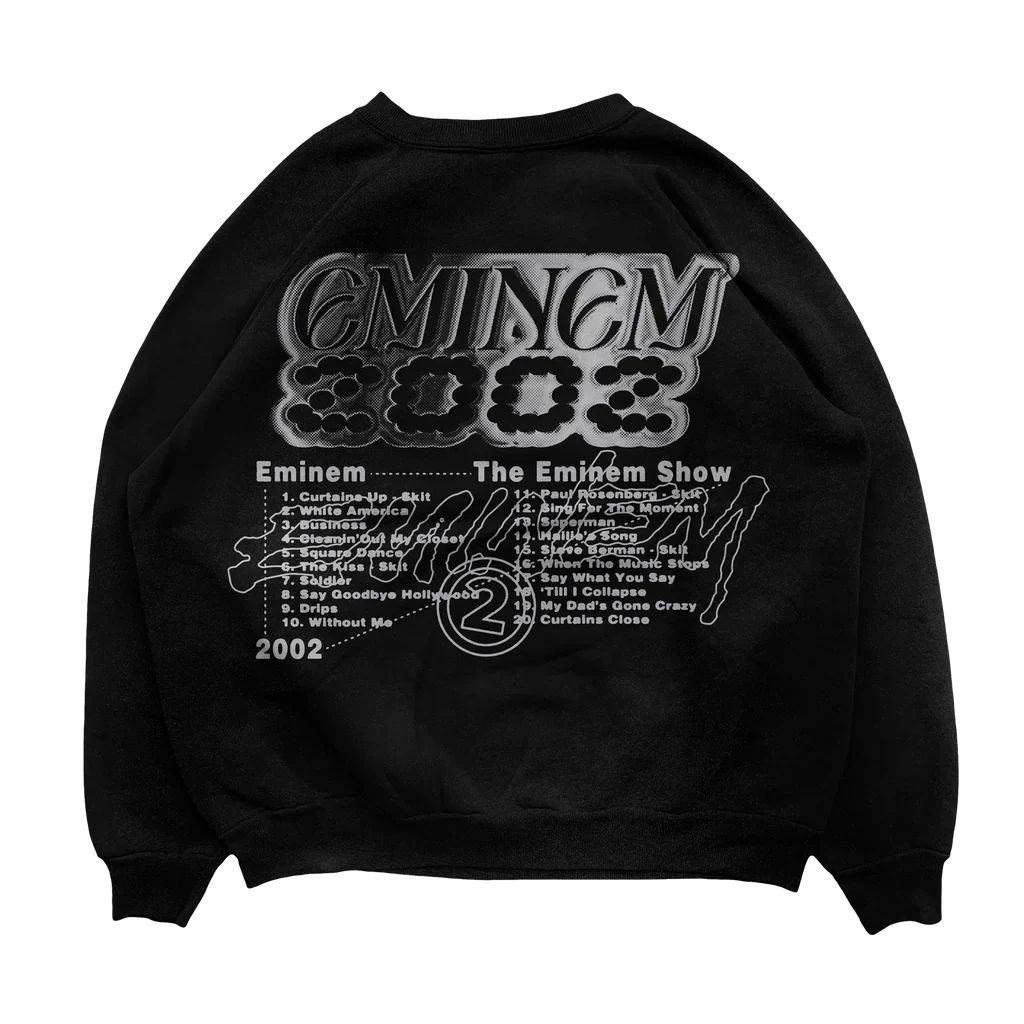 Back of the black Eminem Show Chrome Logo crewneck with Eminem 2002 chrome lettering