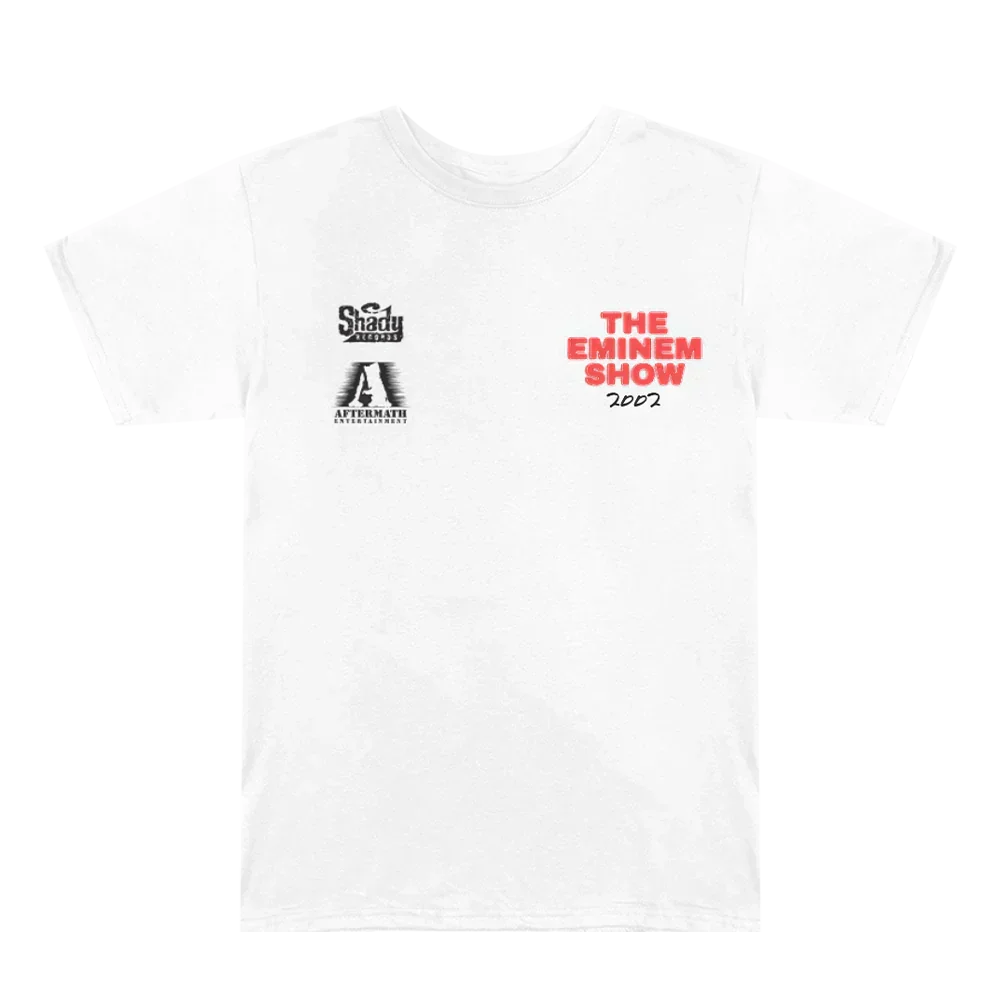 Front of the white Eminem Show T-shirt with small red chest lettering