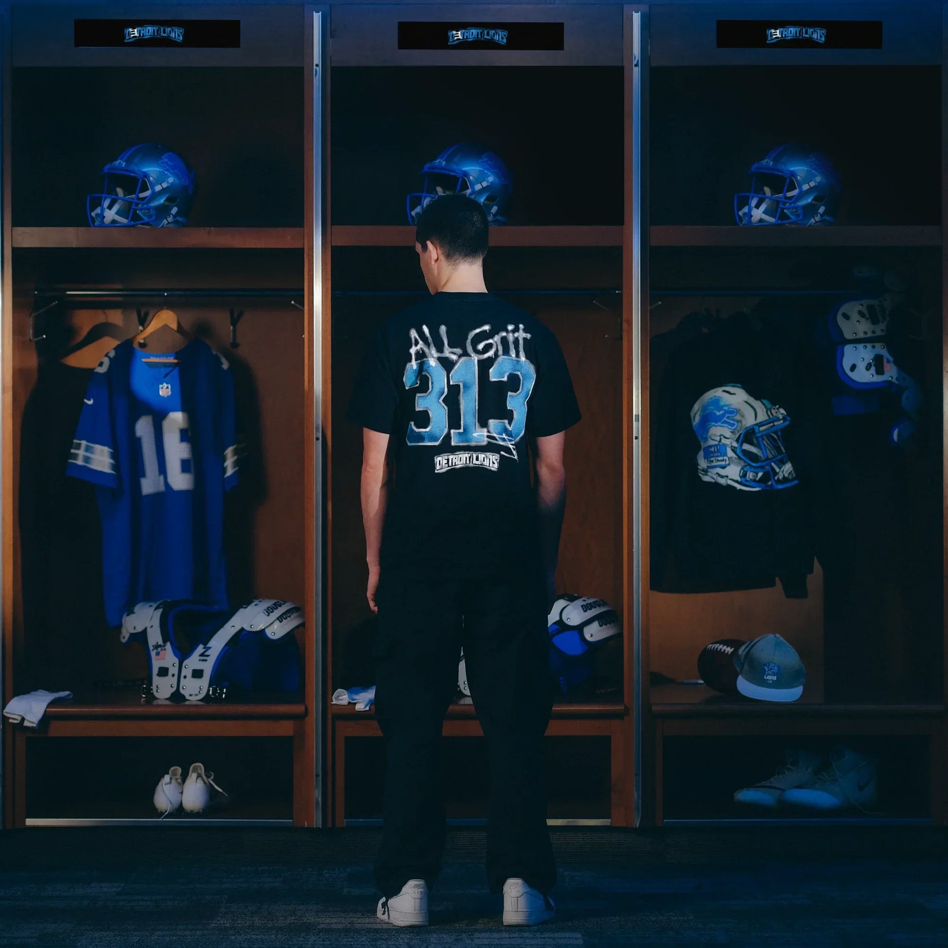 Back of the Eminem x Detroit Lions All Grit T-shirt showing the All Grit 313 print