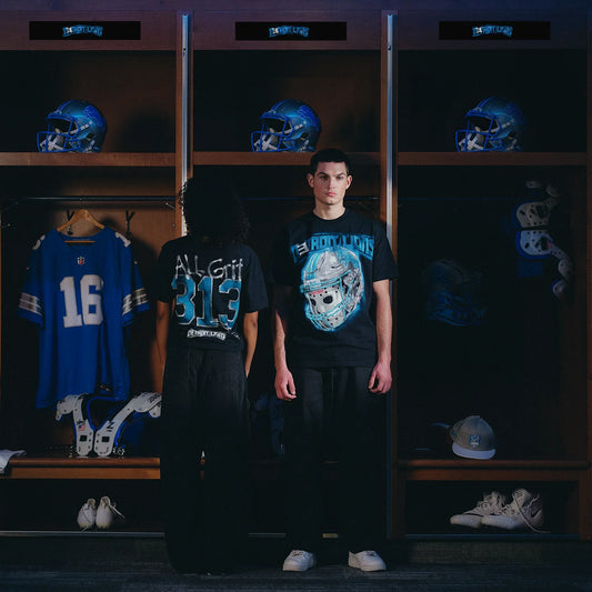 Models in Eminem x Detroit Lions All Grit T-shirts in the Lions locker room