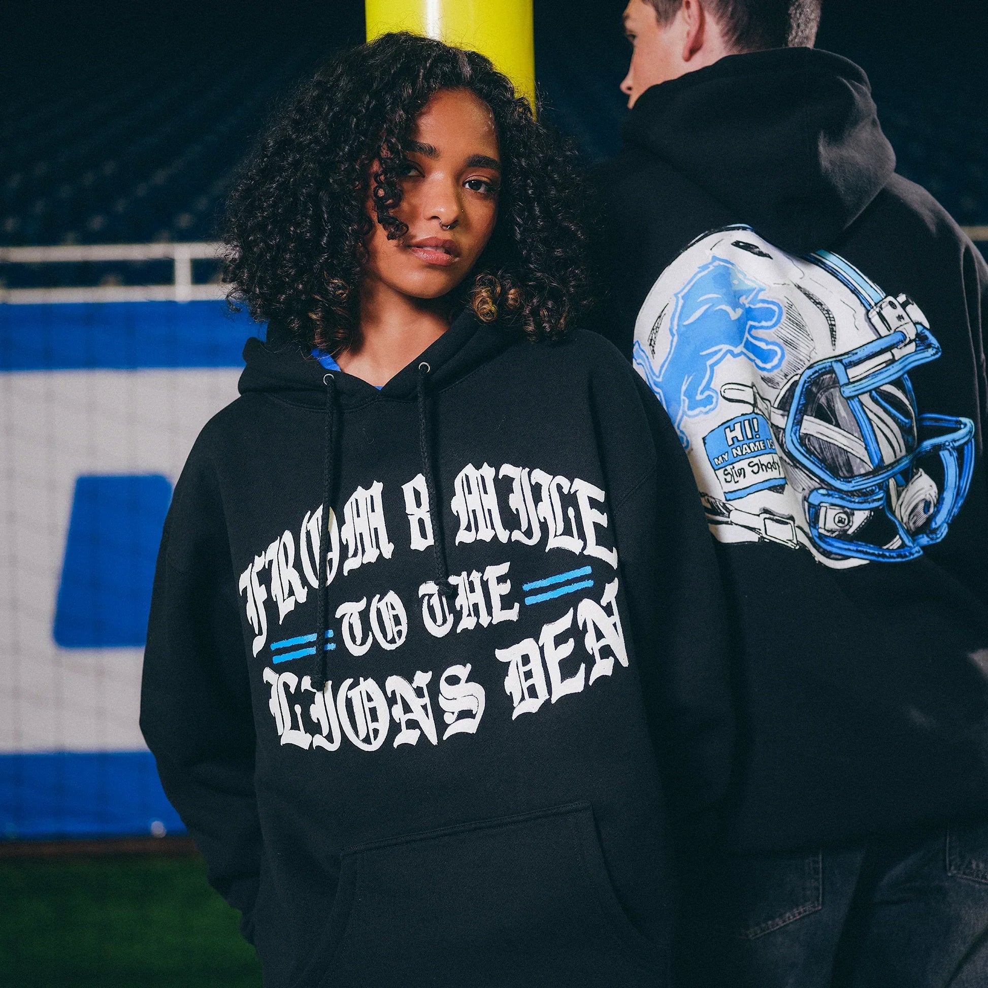 Close-up of the From 8 Mile To The Lions Den chest print on the Eminem Lions hoodie