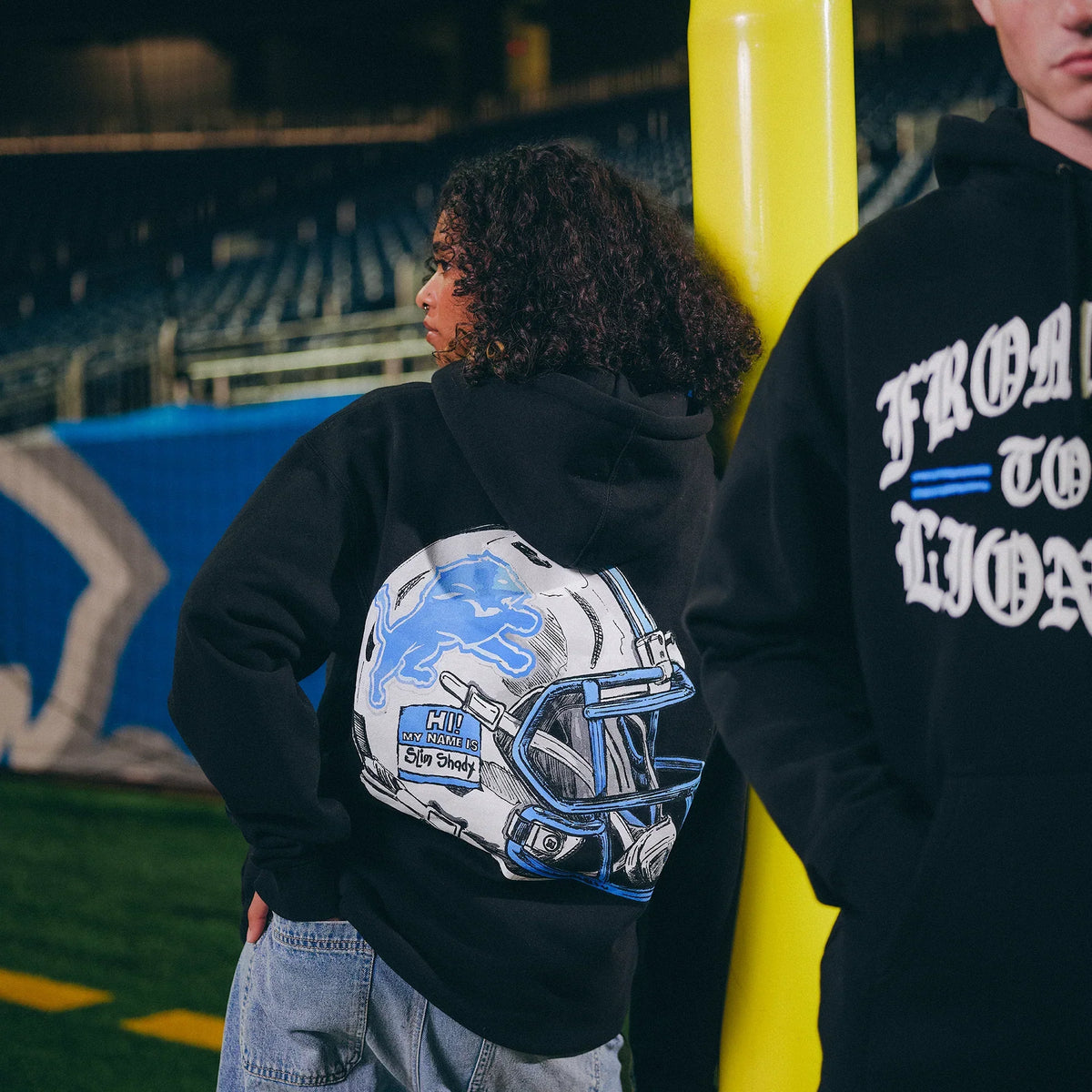 Back of the Eminem x Detroit Lions hoodie showing the chrome Lions helmet print