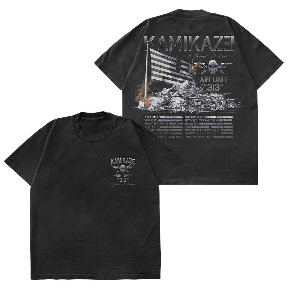 Washed black Eminem Kamikaze Flag T-shirt front and back flat lay with plane artwork