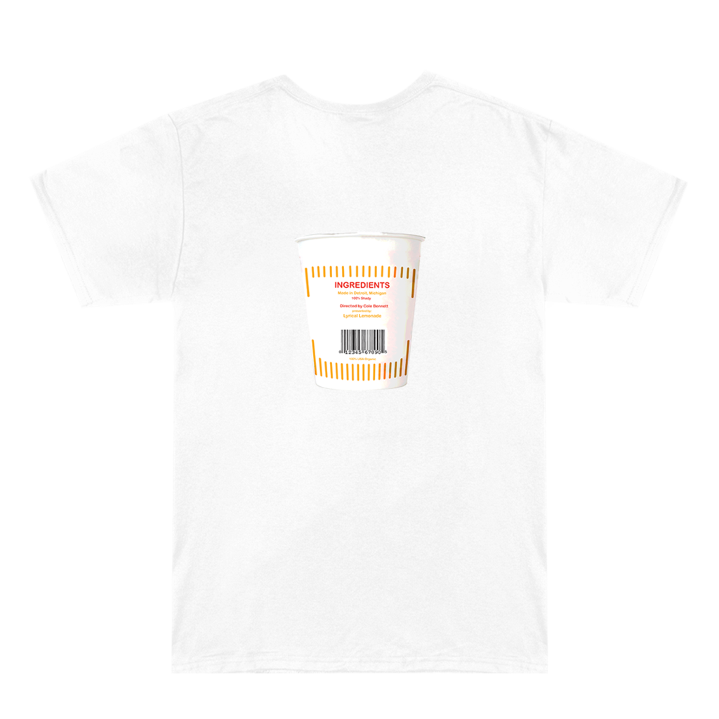 Back of the white Eminem x Lyrical Lemonade Gnat T-shirt with barcode print