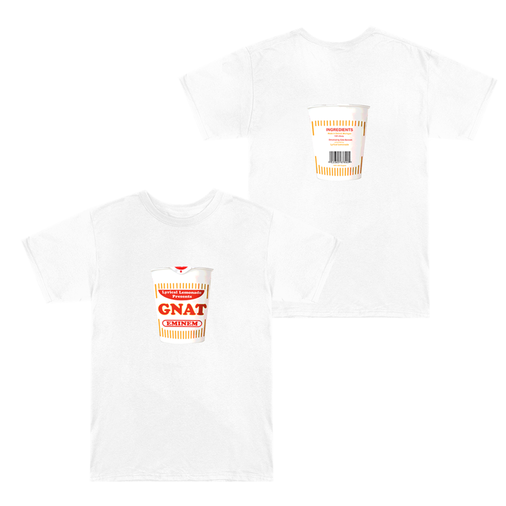 White Eminem MTBMB x Lyrical Lemonade Gnat T-shirt front and back flat lay