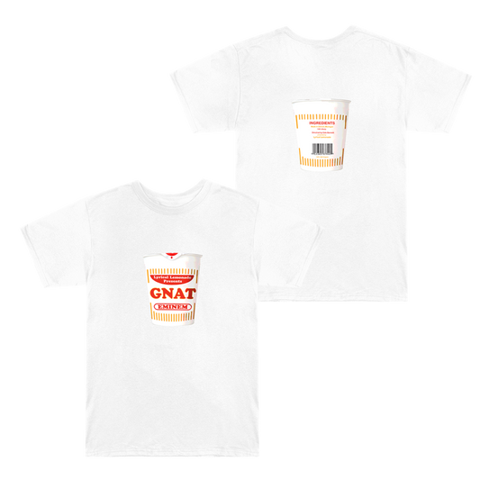 White Eminem MTBMB x Lyrical Lemonade Gnat T-shirt front and back flat lay
