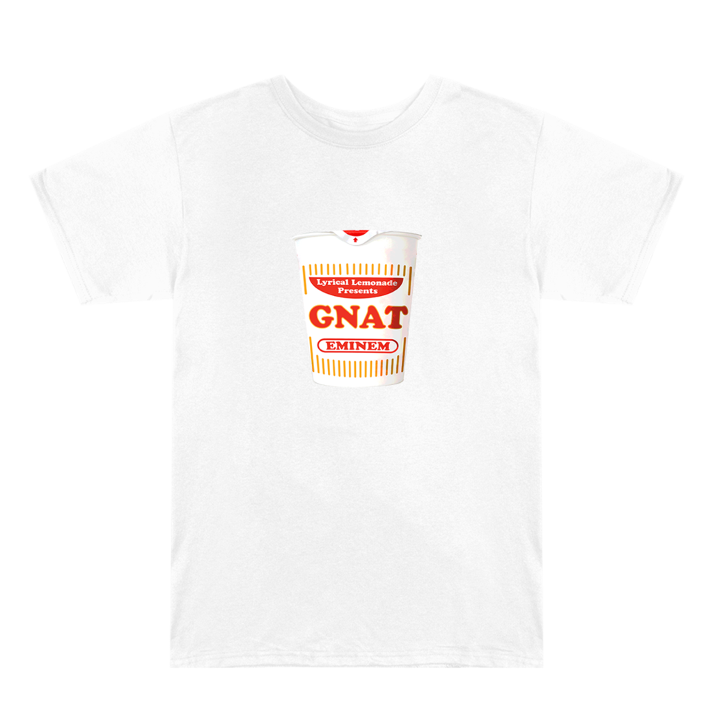 Front of the white Eminem x Lyrical Lemonade Gnat T-shirt with lemonade cup graphic
