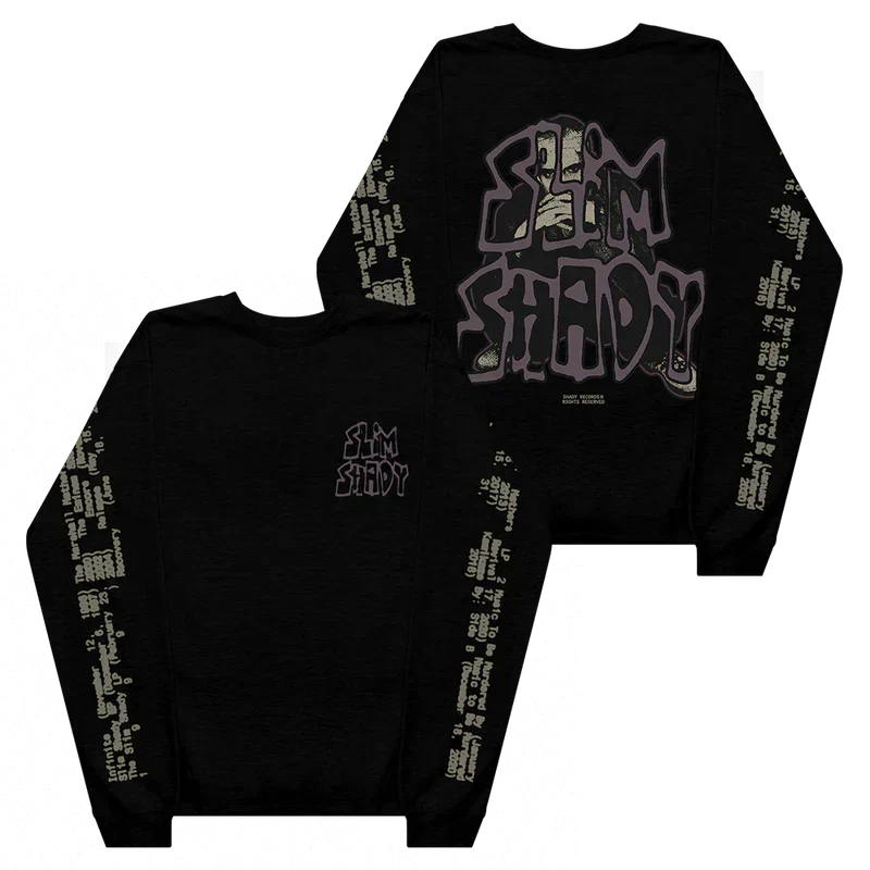 Black Eminem Graffiti Slim crewneck front and back flat lay with graffiti lettering
