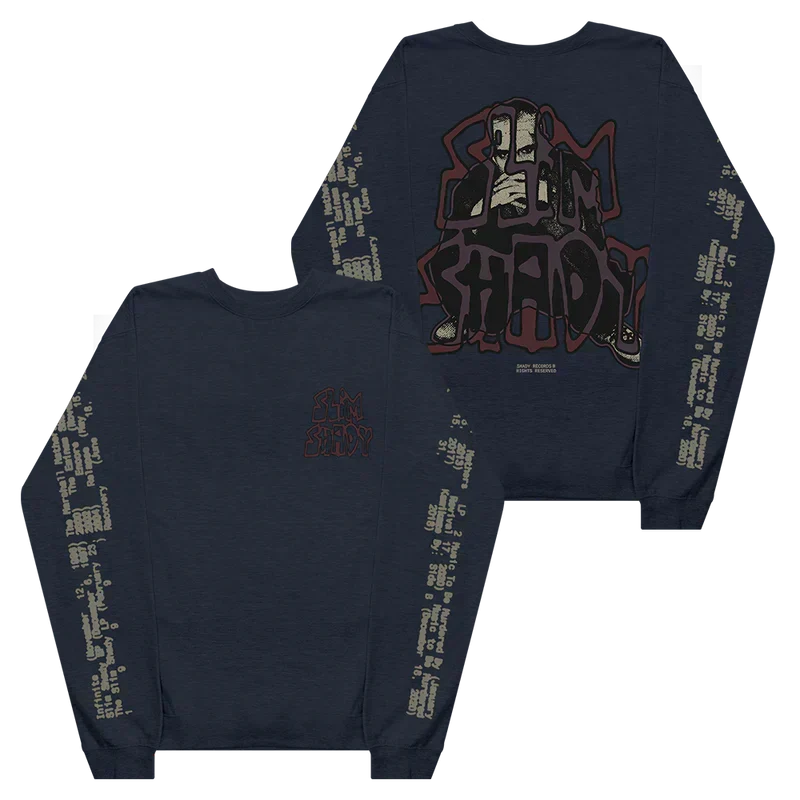 Navy Eminem Graffiti Slim crewneck front and back flat lay with red graffiti artwork