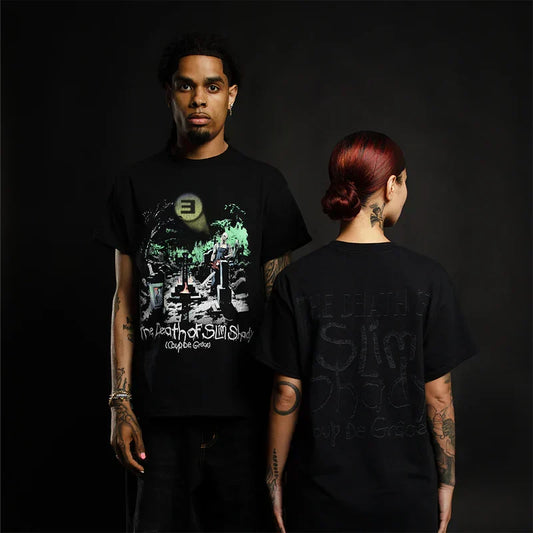 Two models in black Eminem TDOSS Graveyard T-shirts with front and back prints