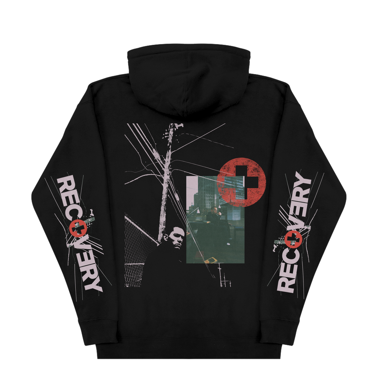 Back of the black Eminem Recovery 15th Anniversary hoodie with collage and target graphic