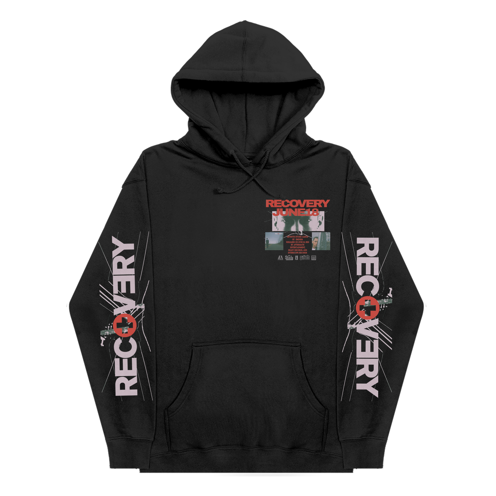 Front of the black Eminem Recovery Anniversary hoodie with collage print and Recovery sleeves