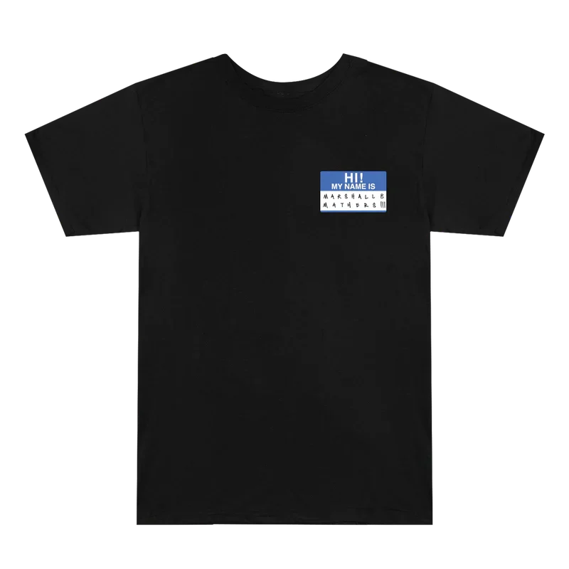 Black Eminem Hi! My Name Is reissue T-shirt flat lay with the blue name tag print