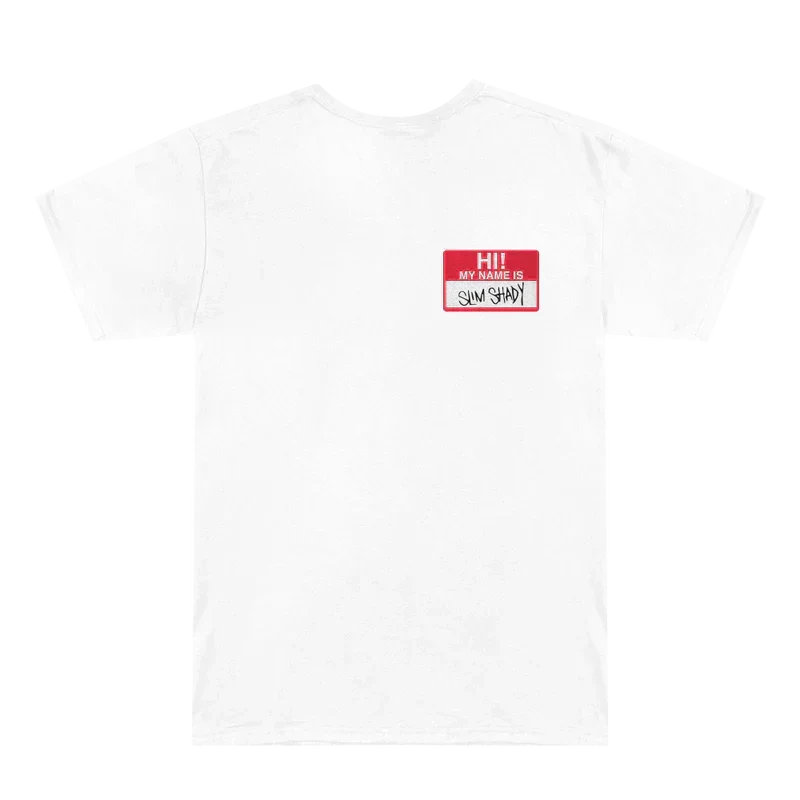 White Eminem Hi My Name Is sticker logo T-shirt flat lay with red Slim Shady name tag