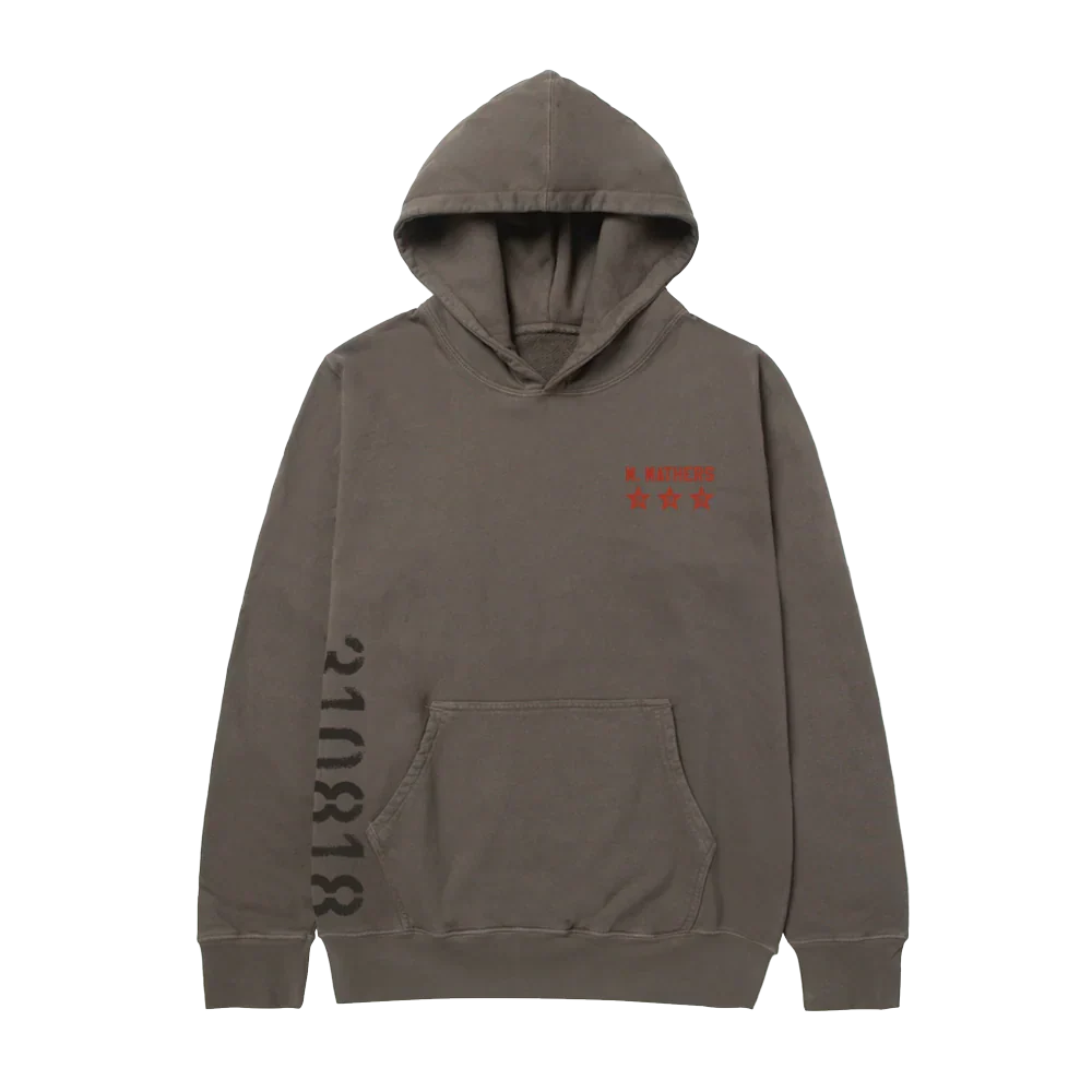 Taupe Eminem Kamikaze x Standard Issue hoodie flat lay with 310818 sleeve print