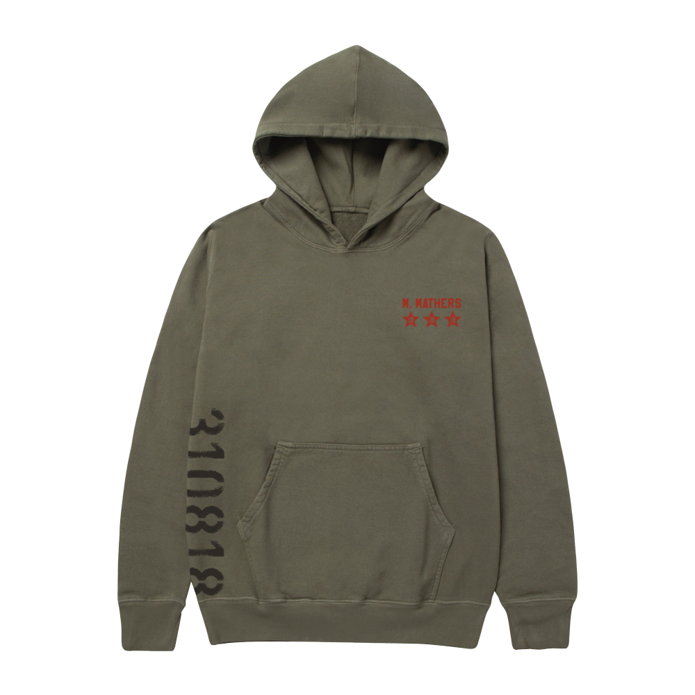 Burnt olive Eminem Kamikaze x Standard Issue hoodie flat lay with 310818 sleeve print
