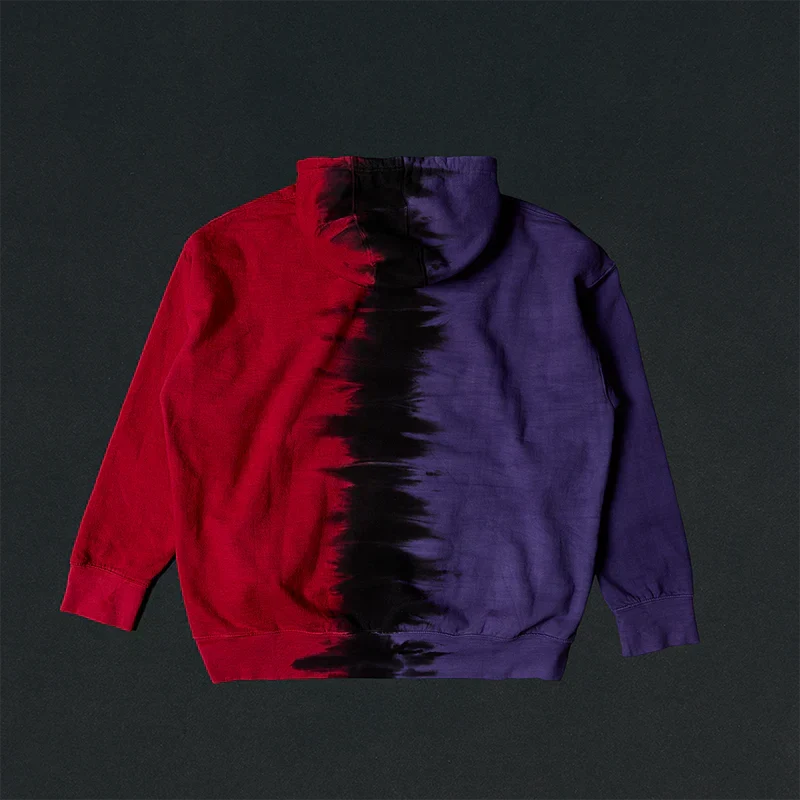 Back flat lay of the Eminem Shady LPs split dye hoodie in red and purple