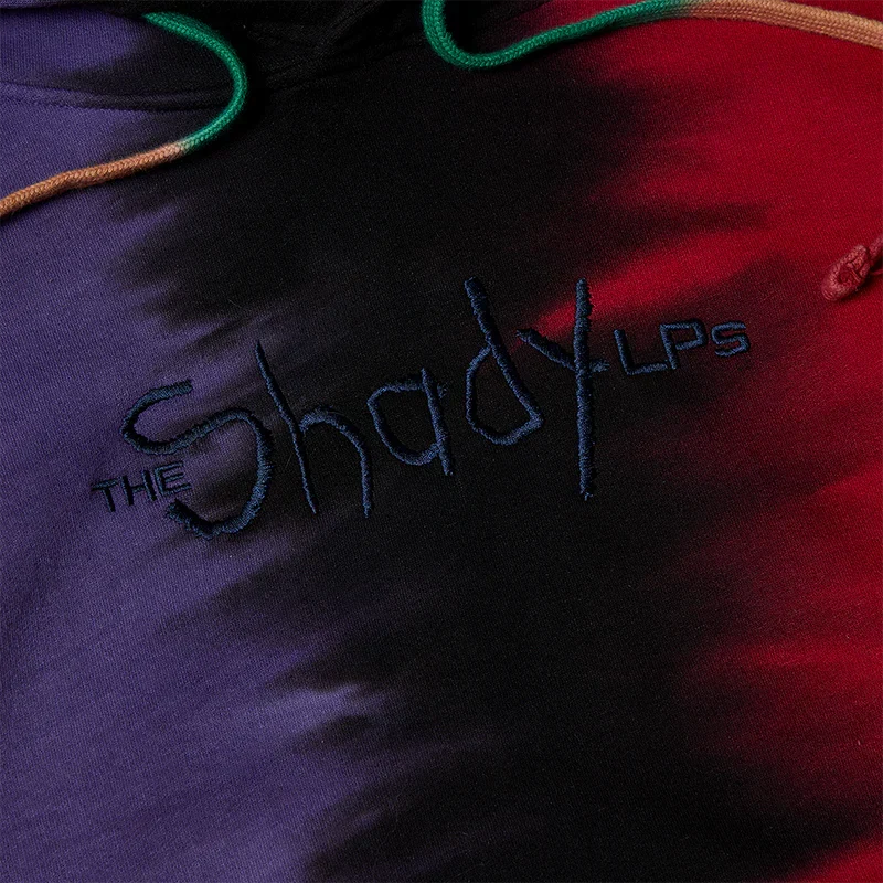 Close-up of The Shady LPs embroidery on the split dye Eminem hoodie