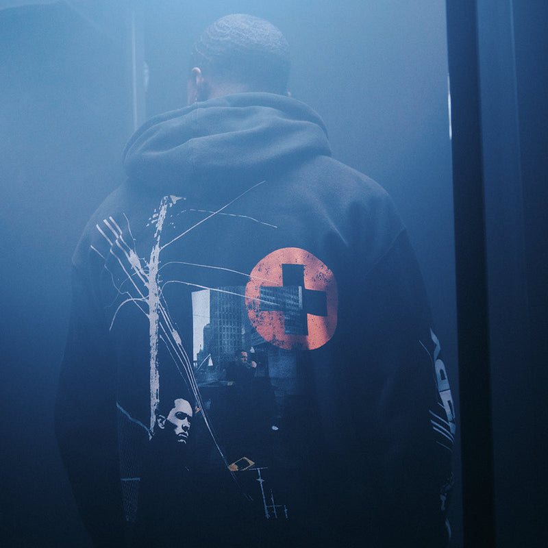 Back detail of the Eminem Recovery Anniversary hoodie with orange target graphic