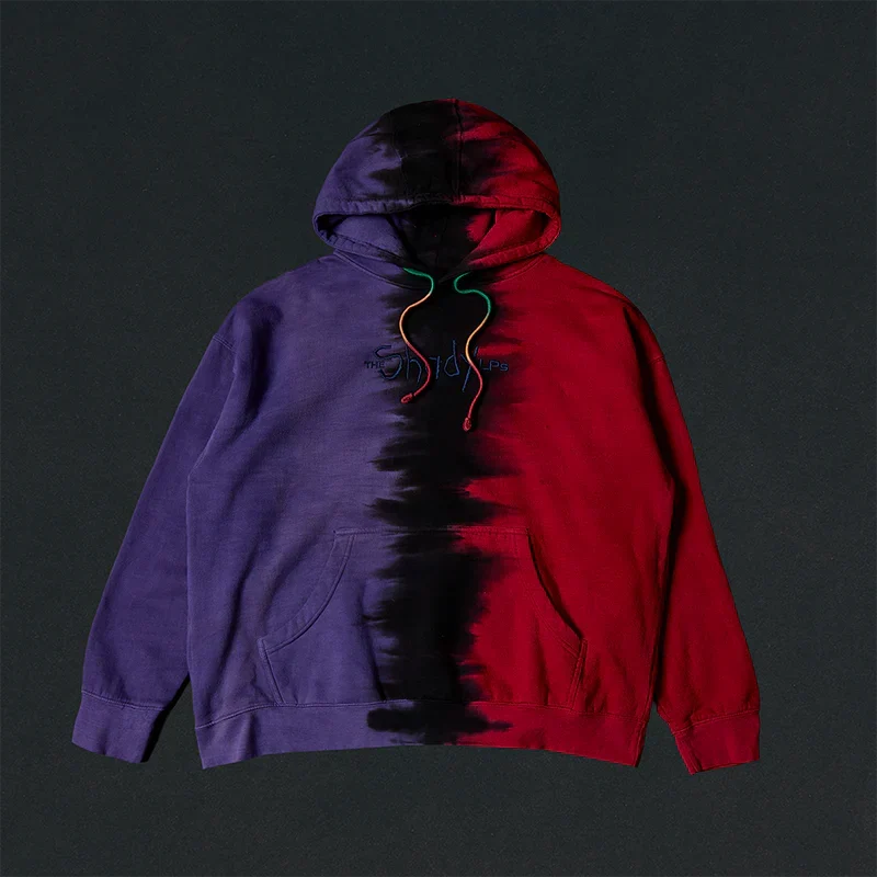 Eminem Shady LPs split dye hoodie flat lay with purple and red tie-dye split