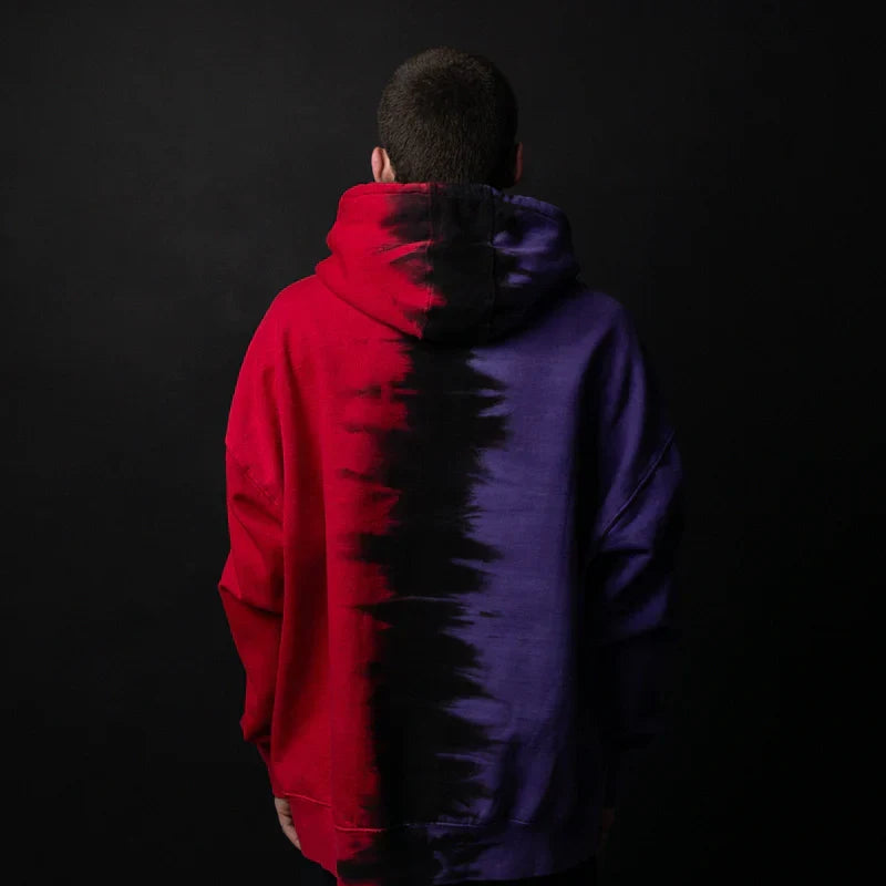 Back of the Eminem Shady LPs split dye hoodie in red and purple