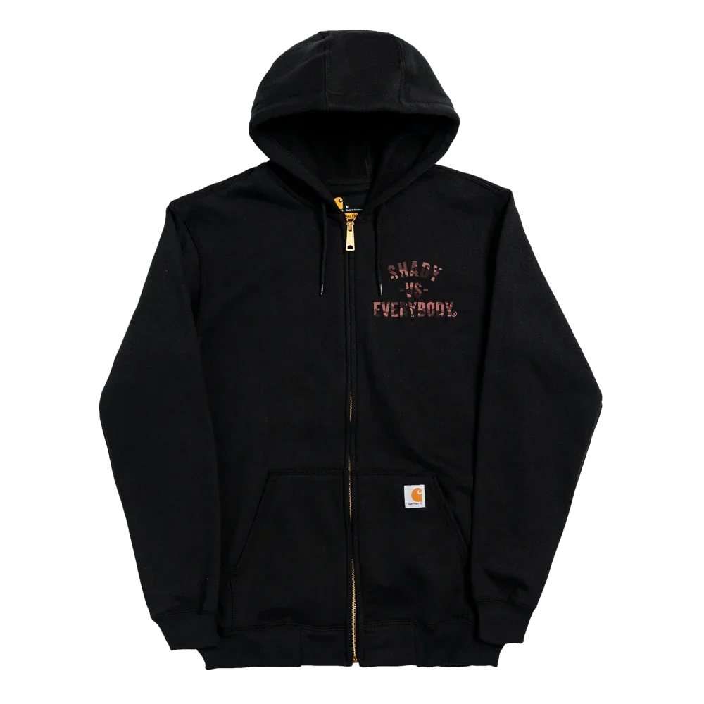 Black Detroit Vs Everybody zip up hoodie flat lay, Marshall Mathers Foundation x Eminem